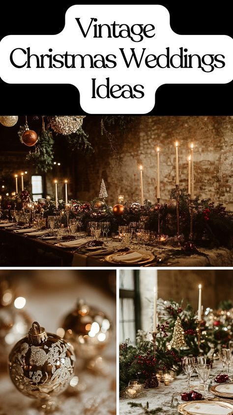 Vintage Christmas wedding table setup with candlelit decorations and classic ornaments. Christmas Wedding Details, Cozy Winter Wedding Aesthetic, Holiday Wedding Centerpieces, Old World Christmas Decor, Vintage Christmas Wedding, Christmas Wedding Ideas, Candlelit Ceremony, Christmas Tree Wedding, A Vintage Christmas