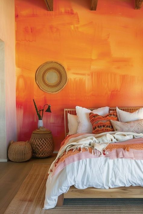 29 Chic Boho Bedroom Accent Wall Ideas to Transform Your Space Bohemian Wall Paint, Bohemian Wall Painting, Bedroom Orange Walls, Light Orange Walls, Boho Bedroom Accent Wall, Orange Accent Wall, Sunset Interior, Chic Boho Bedroom, Sunset Bedroom