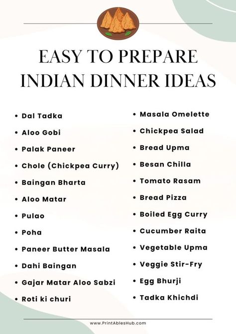 Printable List Of Easy Dinner Ideas For Indian Cuisine Dinner Planning, Meal Planning Menus, Aloo Gobi, Homemade Meals, Dinner Plan, Easy Dinner Ideas, Meal Kit, Indian Dishes, Satisfying Food