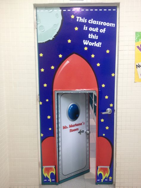 like the way it was decorated but mainly the words it said. It takes the person to think what will going on in that clasrrom. 0278 Preschool Door Decorations, Door Classroom, Teacher Door Decorations, Space Theme Classroom, Halloween Classroom Door, Classroom Images, Space Classroom, Flat House, School Door Decorations