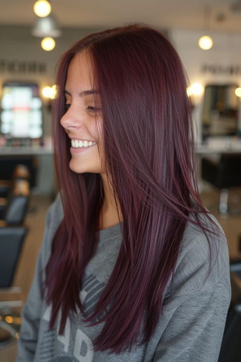 Summer Holiday Hairstyles, Aubergine Hair Color, Pelo Color Vino, Hair Styles Long Hair, Hair Color Mahogany, Mahogany Hair, Puffy Hair, Plum Hair, Hair Color Underneath