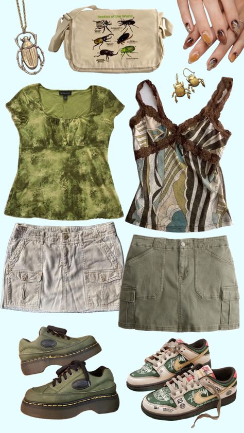 #fashion #clothes #outfitinspo #outfit #flowers #bugs #bug #beatle #green #brown Bug Aesthetic Outfit, Bug Inspired Outfits, Bugcore Outfits, Bug Outfit, Aesthetic Fashion, Aesthetic Clothes, Cool Outfits, Outfit Inspirations, Outfit Inspo