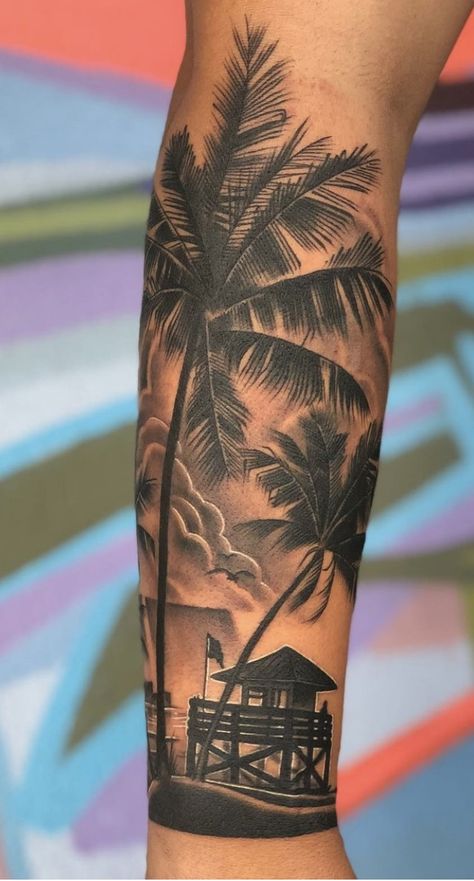 Dragon Tattoos For Men Calf, Tatoos Men Calf Ideas, Surfer Sleeve Tattoo, Beach Tattoo With Turtle, Environment Tattoo Nature, Beach Sleeve Tattoo Men, Beach Arm Tattoo For Men, Palm Trees Tattoo Men, Mens Forearm Tattoos Quotes