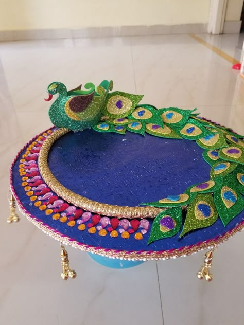 Peacock Aarti Thali Decoration, Peacock Thali Decoration, Arthi Plate Decoration, Peacock Plate Decoration, Unique Thali Decoration Ideas, Unique Arti Thali Decoration, Unique Aarti Thali Decoration Ideas, Aarti Decoration, Greek Party Decorations