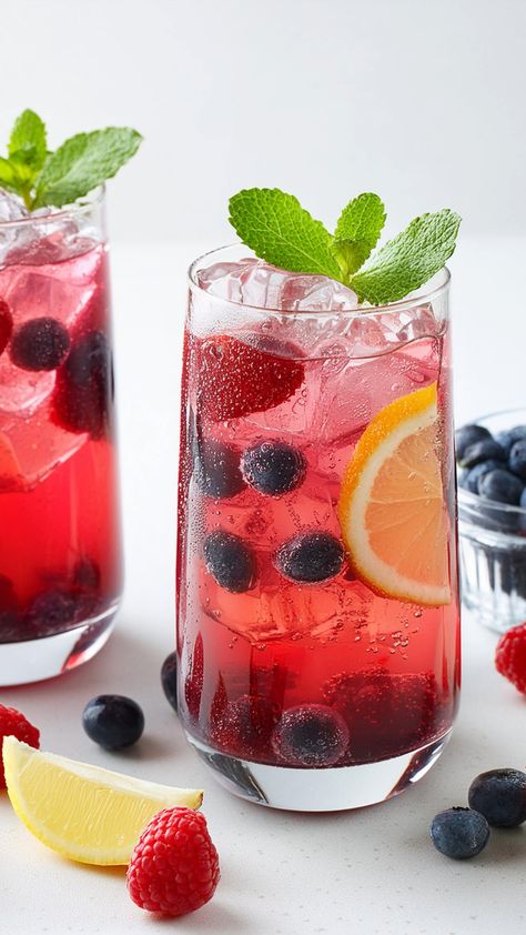 Refresh and delight your taste buds with this Berry Lemonade Spritz Mocktail. A vibrant and fruity drink, it combines mixed berry puree with tangy lemonade and sparkling water, served over ice and garnished with fresh berries. Perfect for a hot summer day or as a festive party drink! Berry Lemonade Punch, Sparkling Berry Lemonade, Beverage Ideas Non Alcoholic, Fruity Summer Drinks Non Alcoholic, Berry Drinks Non Alcoholic, Berry Mocktail Recipes, Sparkling Water Mocktail Recipes, Brunch Mocktail Recipe, Drinks With Lemonade