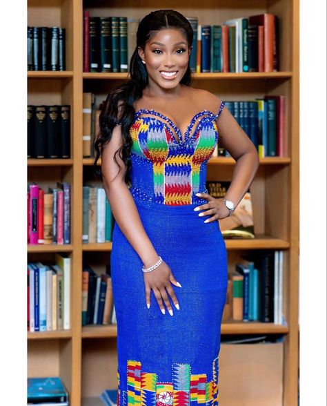 A picture of our Client in Ghanaian handwoven cloth popularly known as Kente Graduation Kente Outfit Ideas, Ghana Accra, Ghanaian Wedding, Mums Birthday, Gorgeous Bridesmaid Dresses, Kente Dress, African Traditional Wedding, Traditional Marriage, Best African Dresses