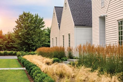 Bands of boxwood, Karl Foerster grass and nassella soften the home’s stark, white façade. Boxwood And Grasses Landscaping, Flagstone Path, Landscape Outdoor, Home Design Magazines, Grasses Landscaping, Garden Drawing, Front Landscaping, Grasses Garden, Side Garden