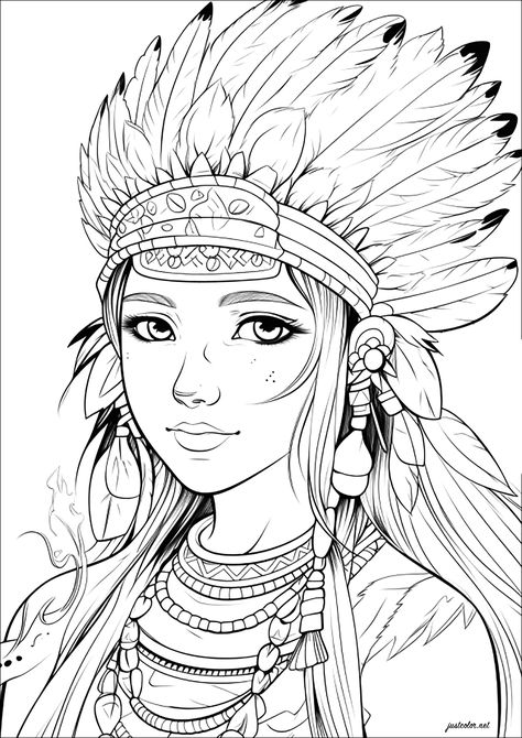 Young woman with Native American headdress - JustColor.net : Free printable coloring pages for adults and kids Native American Coloring Pages, Ancient Greece Mythology, School Age Crafts, Egypt Hieroglyphics, Printable Coloring Pages For Adults, Tibet Art, Greece Mythology, Pop Art Tattoos, Native American Headdress