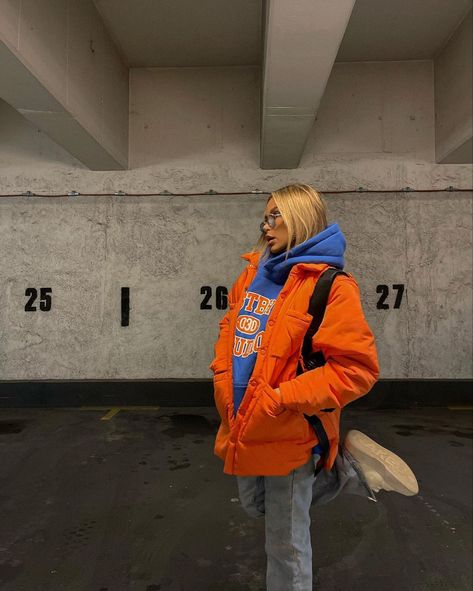 Orange Jacket Outfit Street Style, Orange Puffer Jacket Outfit, Winter In Maine, November Style, Orange Puffer Jacket, November Fashion, Puffer Jacket Outfit, Fall Into Winter, Spring Into Summer