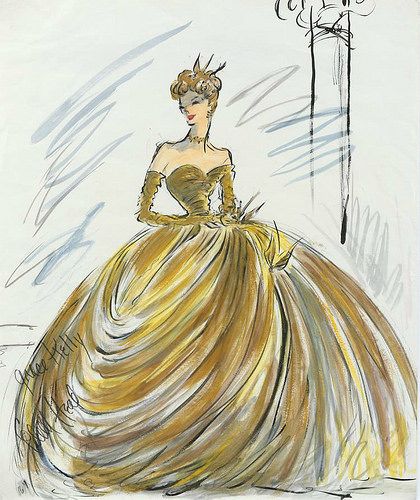 Edith Head Sketches, Edith Head Designs, Head Sketches, Edith Head Fashion, Gold Ball Gown, Costume Sketches, Masquerade Ball Gown, To Catch A Thief, Best Costume Design