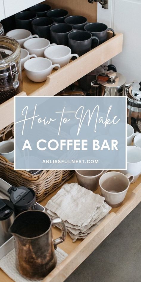 Turn your love for coffee into a stylish home coffee bar! This step-by-step guide shows you how to make a coffee bar that is both functional and aesthetically pleasing. From choosing the perfect coffee maker to organizing your mugs and supplies, this is your go-to resource for creating a coffee lover's dream space. #coffeebarideas #coffeebar #coffeestation Home Beverage Bar, Coffee Bar Cup Storage, Coffee Station Pot Filler, What Do You Need For A Coffee Bar, At Home Barista Bar, Closet Turned Coffee Bar, Apothecary Coffee Bar, Coffee Bar Ideas With Mini Fridge, Marble Coffee Bar