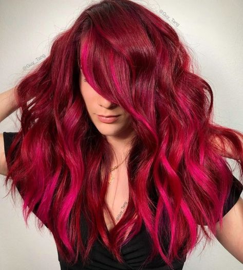 Red Hair with Pink Highlights Fuchsia Hair Color, Red Hair With Pink Highlights, Fuchsia Hair, Cotton Candy Pink Hair, Pink Hair Streaks, Pink And Orange Hair, Dark Pink Hair, Bright Pink Hair, Pink Ombre Hair