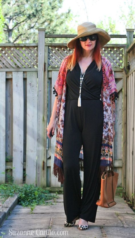 how to style a jumpsuit with a kimono Kimono Jumpsuit Outfit, Kimono Shawl Outfits, Jumpsuit With Kimono Outfit, How To Wear A Kimono Outfits, How To Style A Jumpsuit, Outfit With Kimono, Jumpsuit With Kimono, Plus Size Cruise Outfits, Jumpsuit Hijab