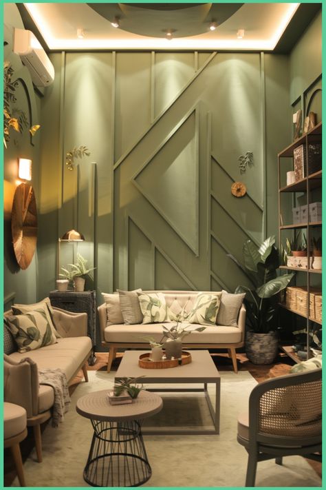 Cozy living room with green walls, modern furniture, plants, and decorative wall elements. Green Living Room Accent Wall, Hunter Green Accent Wall, Dark Green Accent Wall Living Room, Dark Green Accent Wall, Kitchen Flooring Trends, Green Accent Wall, Living Room Accent Wall, Kitchen Tile Inspiration, Green Walls Living Room