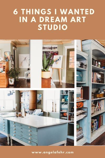 Things to include in a dream art studio. Build An Art Studio, Art Studio Painting Storage, Tables For Art Studio, Diy Garage Art Studio, Mixed Media Art Studio Organization, Art And Craft Studio Ideas, Art Studio Flooring Ideas, Small Art Studio Design, Scandinavian Art Studio