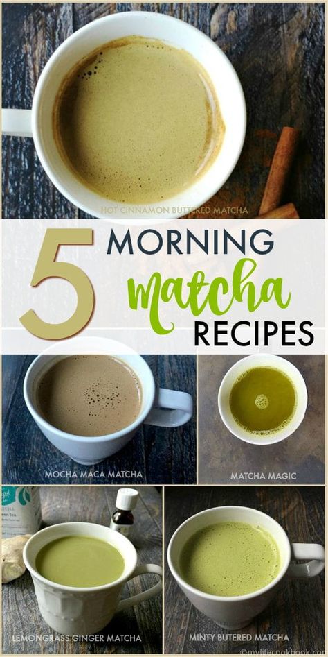 5 Morning Matcha Recipes - These delicious and easy matcha green tea recipes will be the perfect start to your mornings. | MyLifeCookbook.com #matcha #greentea #tea #breakfast #healthyrecipe Maca Tea Recipe, Healthy Matcha Recipe Drinks, Hot Matcha Recipe, Easy Matcha Recipes, Matcha Coffee Latte, Matcha Green Tea Powder Recipes, Frothy Drinks, Breakfast Drinks Healthy, Ayurvedic Drinks