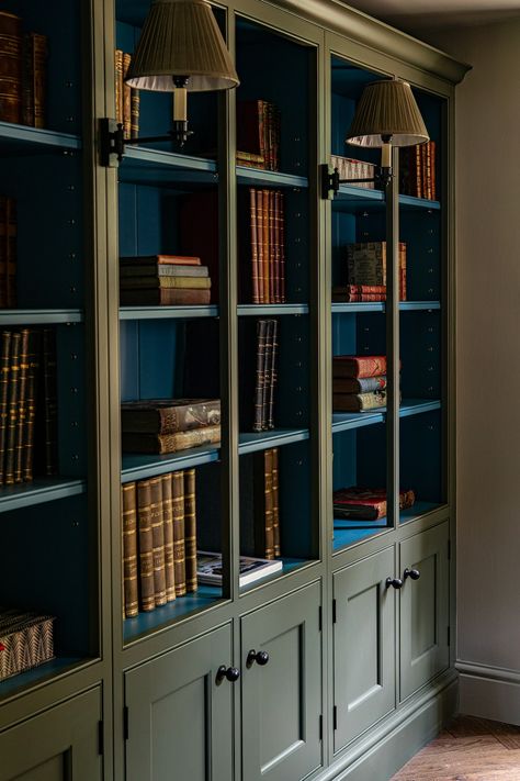 Vaulted Ceiling Bookcase, Built In Bookcase Sloped Ceiling, Wall Of Built In Bookshelves, Library Wood, Color In Interior Design, Shelves For Books, Gray Room, Bespoke Home, English Interior