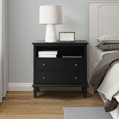 Kamilo Traditional 28.25 inch Open Storage Space Wide Nightstand Table with 2 Drawers by HULALA HOME - Bed Bath & Beyond - 36827777 Wide Nightstand, 2 Drawer Dresser, Farmhouse Nightstand, Nightstand Table, Farmhouse End Tables, Nightstand With Charging Station, Black Nightstand, Adjustable Office Chair, Velvet Living Room