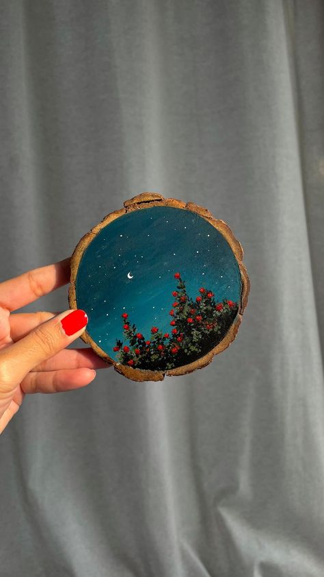 Recreated this painting I had made on the tea rose journal last year! Who remembers? 🌹 Acrylics on wood slice. . . . . . . #artist… | Instagram Painting On Wood Pieces, Wood Coaster Painting, Wood Acrylic Painting, Wooden Circle Painting Ideas, Painting To Recreate, Painting On Wood Ideas, Paint On Wood Slices, Small Wood Painting, Drawing On Wood Ideas