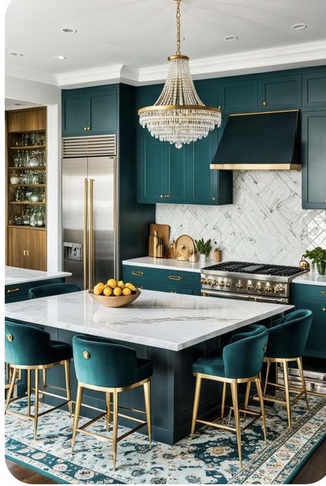 Dark Teal Cabinets, Emerald Green Kitchen, Teal Cabinets, Luxurious Kitchen Design, Sophisticated Kitchen, Trendy Kitchen Design, Gold And Emerald, White Tile Backsplash, Teal Kitchen