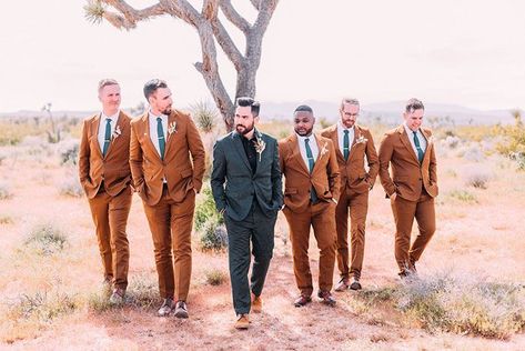 Unique Groomsmen Suits in Copper with a Black Suit for the Groom Copper Groomsmen Suits, Rust Groomsmen Suits, Shades Of Brown Groomsmen Suits, Copper Groomsmen, Brown Groomsmen Suits, Forest Garden Wedding, Fall 2024 Wedding, Brown Groomsmen, 3 Piece Suit Wedding