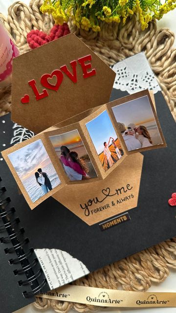 Photo Card Ideas Handmade, Scrapbook Ideas Photo Albums, Photo Greeting Cards Handmade, Diy Photo Album Ideas Scrapbooking, Anniversary Diy Gifts For Him, Page Scrapbooking Inspiration, Scrapbook Photo Album Ideas, Quinns Arte, Scrapbook Journal Pages