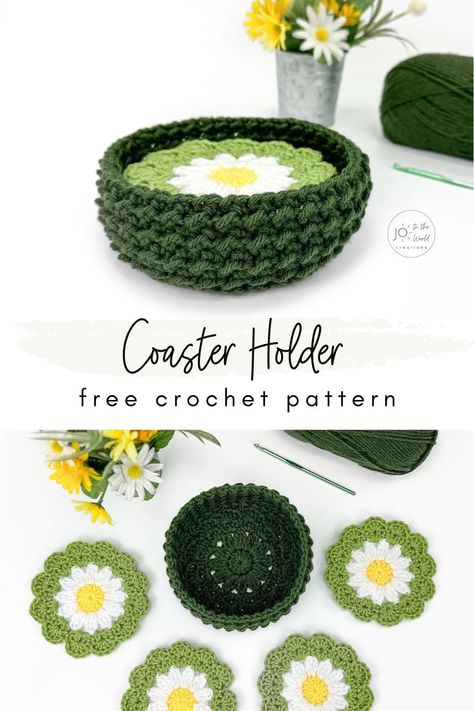 Daisy Coaster Holder - Free Crochet Pattern | Jo to the World Creations Crochet Daisy Placemat, Crochet Coasters With Basket Free Pattern, Coaster Basket Crochet, Easy Crochet Patterns To Sell, Sheep Coaster Crochet Pattern, Fast Crochet Projects Free Pattern, Crochet Coaster And Holder Pattern, Coaster Crochet Patterns Free, Fun Crochet Coasters Free Pattern