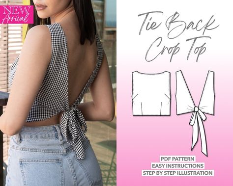 Tie Back Top Sewing Pattern Crop Top Pattern Open Back Sewing - Etsy Sweden Backless Top Pattern, Sewing Pattern Crop Top, Top Pattern Sewing, Women Top Sewing Pattern, Crop Top Sewing Pattern, Pattern Crop Top, Diy Crop Top, Crop Top Pattern, Tank Top Pattern