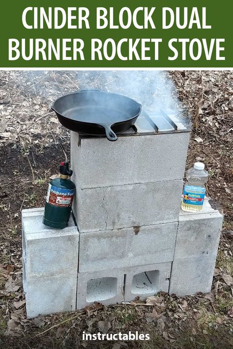 Build a simple dual burner rocket stove out of cinder blocks.  #Instructables #outdoors #backyard #cooking #camping How To Build A Rocket Stove, Cinder Block Rocket Stove Diy, Cinder Block Rocket Stove, Masonry Stove, Outdoor Wood Stove, Stove Design, Diy Rocket Stove, Rocket Stove Design, Cinder Block Fire Pit