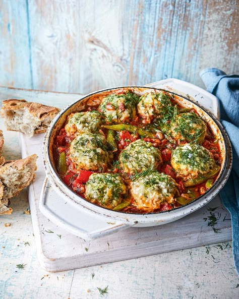 Greek-style casserole with courgette dumplings | delicious. magazine Delicious Magazine, Fritter Recipes, Midweek Meals, Veggie Dishes, Meat Free, Greek Recipes, Vegetarian Dishes, Veggie Recipes, Bon Appetit