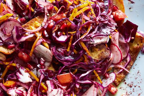 Sumac Salad Recipes, Jamie Oliver Aubergine Salad, Date Feta Red Cabbage Salad, Cabbage Salad Lebanese, Eggplant Pomegranate Salad, Middle Eastern Salads, Dubai Food, Fine Dining Desserts, Middle Eastern Dishes