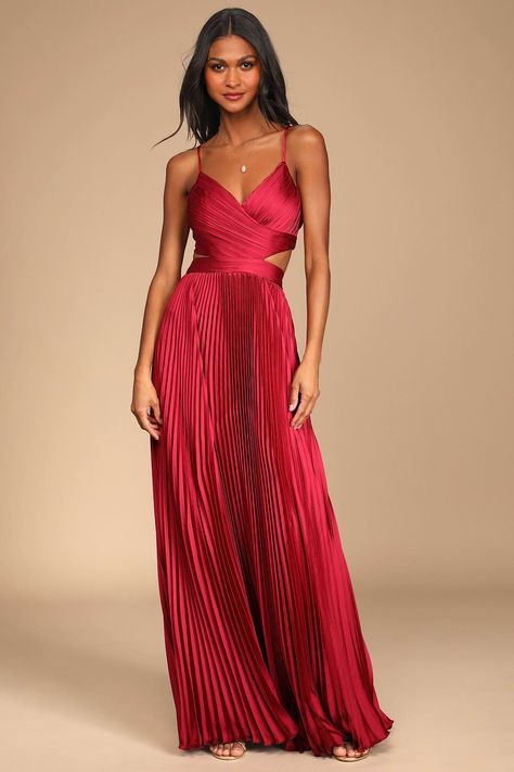 Fall Weddings as a Guest — Main Blog Red Velvet Formal Dress, Cotillion Dresses Long, Pleated Formal Dress, Satin Maxi Dresses, Dresses For A Gala, Red Formal Dresses Long, Pleated Dress Formal, Jewel Tone Dresses, Red Wedding Guest Dress