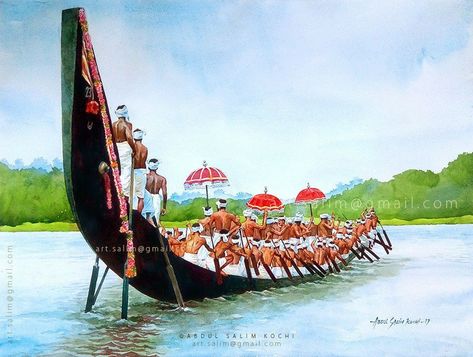 Boat Race Kerala Illustration, Onam Illustration, Kerala Boat, Madras Cafe, Watercolor Painting Easy, Cycle Painting, Festival Paint, Art Competition Ideas, Festival Post