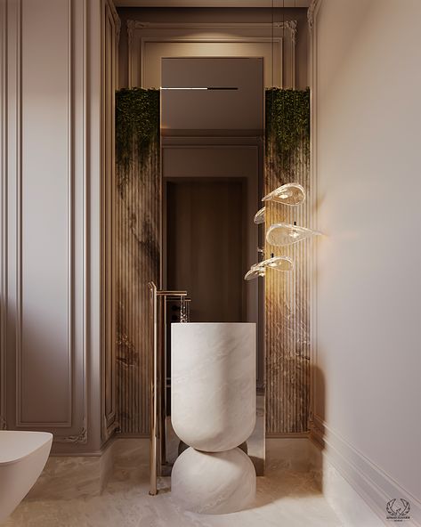 A Neo-Classic bathroom that provides timeless luxury. The beige wall panels form an elegant backdrop, which is enhanced with a dramatic stand-alone golden faucet and a stylish stone sink. This beautiful mix emanates subtle grace and timeless charm.

#NeoClassic #BathroomDesign #BeigeElegance #GoldenFaucet #StoneSink #neoclassicBathroom #luxuryBathroom Neo Classical Bathroom, Classic Bedroom Design Luxury, Modern Classic Bathroom, Classical Bathroom, Bedroom Design Luxury, Classic Bedroom Design, Elegant Bathroom Design, Elegant Backdrop, Bathroom Interior Design Modern