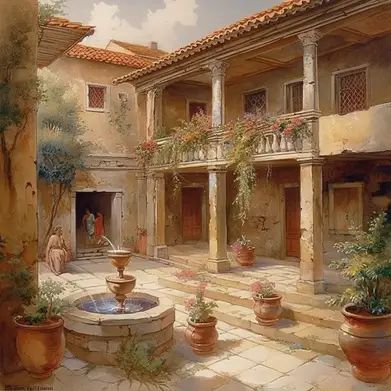 Greek Courtyard, Ancient Greek Garden, Greek House Interior, Ancient Roman Houses, Greek Home, Greek Homes, Greece Homes, Roman Design, Greece House