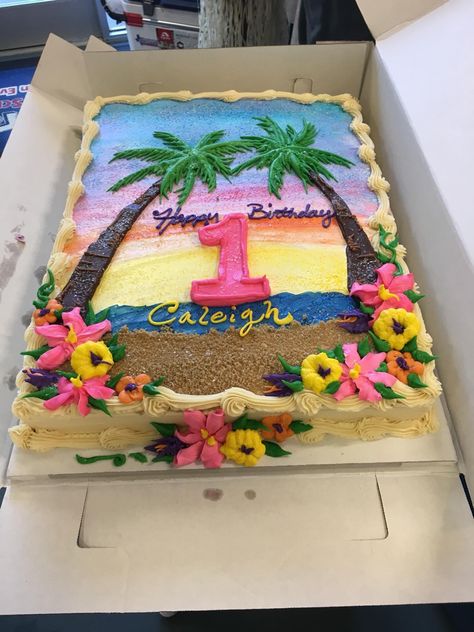 Beach Theme Sheet Cakes Birthday, Hawian Cake Ideas, Luau Cookie Cake, Hawaiian Sheet Cake, Luau Birthday Party Cake, Luau Cake Ideas For Adults, Summer Themed Cakes Ideas, Hawaiian Theme Cake Luau Birthday, Simple Tropical Cake