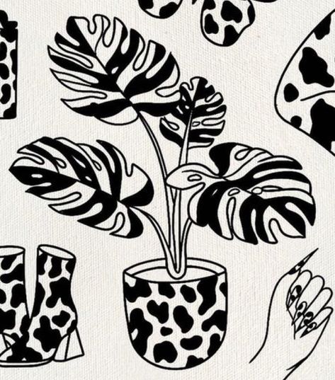 Monstera Tattoo Traditional, Black Plant Tattoo, Cow Print Tattoo, Monstera Plant Tattoo, Monstera Tattoo, Coast Tattoo, Ceramica Ideas, Tattoo 2024, Plant Tattoo