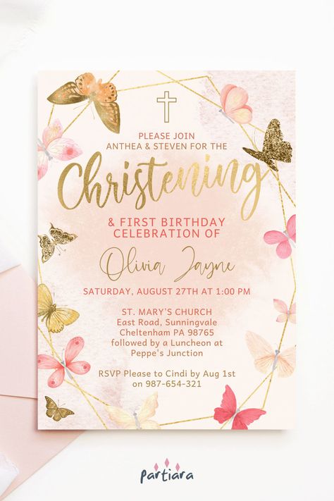 Self-editable 5x7" invite - follow the link for details and free demo! ♦ Easily edit online in your browser then download and print or send digitally ♦ Create a memorable event, starting with this elegant pink gold butterfly invite, perfect for a girl’s christening 1st birthday party ♦ #christeningbirthday #christeninginvites #birthdaychristening #1stbirthday #invitationsgirl #girlschristening #butterflyparty #girlchristening #pinkgoldbutterfly #christeningeditable #digitalinvitation Pink Butterfly Party, Butterfly Invite, Butterfly Party Invitations, Girl Baptism Party, Butterfly Birthday Party Invitations, Christening Invitations Girl, Baptism Invitations Girl, Butterfly Invitations, Christening Ideas