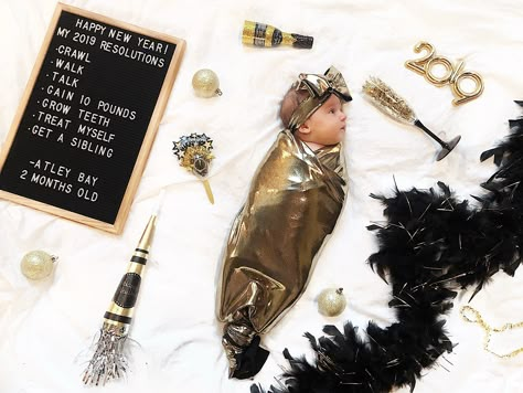 Newyears Photoshoot Baby, My First New Years Pictures, New Year Infant Photoshoot, Baby Nye Photos, New Years Infant Pictures, New Years Milestone Baby Picture, January 2 Month Baby Pictures, January Baby Monthly Photo Ideas, New Years Pictures Baby