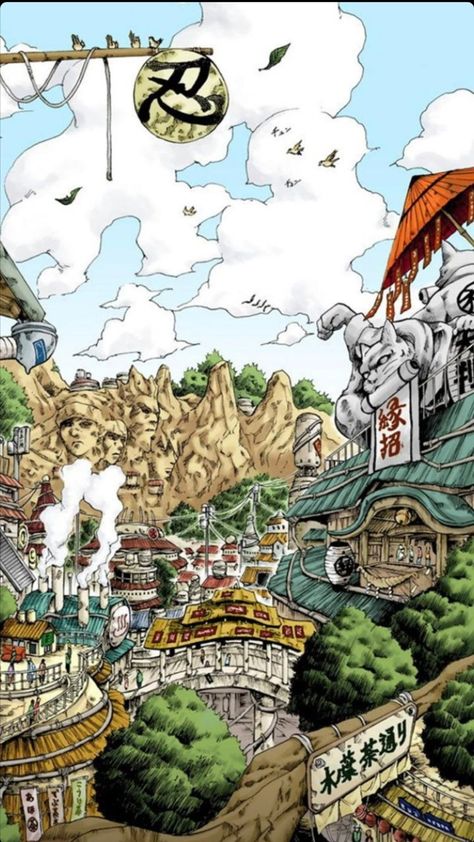 Naruto Konoha Village Wallpaper, Naruto Leaf Village, Village Wallpaper, Konoha Village, Village Drawing, Paris In The Fall, Naruto Wallpaper Iphone, Anime Places, Naruto Gaara