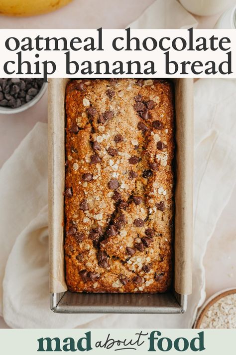 This Oatmeal Chocolate Chip Banana Bread is the perfect comforting and hearty banana bread recipe. Make this gluten free loaf with oat flour, bananas and, of course, chocolate chips. Gluten Free Loaf, Choc Chip Banana Bread, Oat Flour Banana Bread, Banana Bread Gluten Free, Banana Oat Bread, Oatmeal Banana Bread, Oat Bread, Banana Bread Loaf, Flours Banana Bread