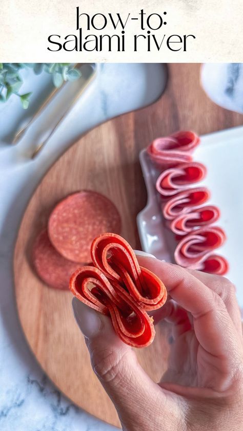 Kim Charon | Charcuterie & Things LLC | How-to: SALAMI RIVER 1️⃣Prepare the Salami: Start by folding each salami slice in half, with the rounded edge facing up. 2️⃣Create the... | Instagram Salami River, Salami Appetizer, Salami Rolls, Salami Recipes, Flowing River, Food Boards, Food Handling, Catering Ideas Food, Charcuterie Inspiration