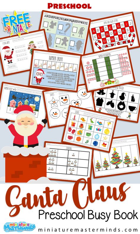 Preschool Santa Busy Book – Miniature Masterminds Christmas Themed Activities, Lilly Grace, Christmas Activity Book, Free Preschool Printables, Christmas Worksheets, Christmas Kindergarten, Themed Activities, Christmas Activities For Kids, Preschool Christmas