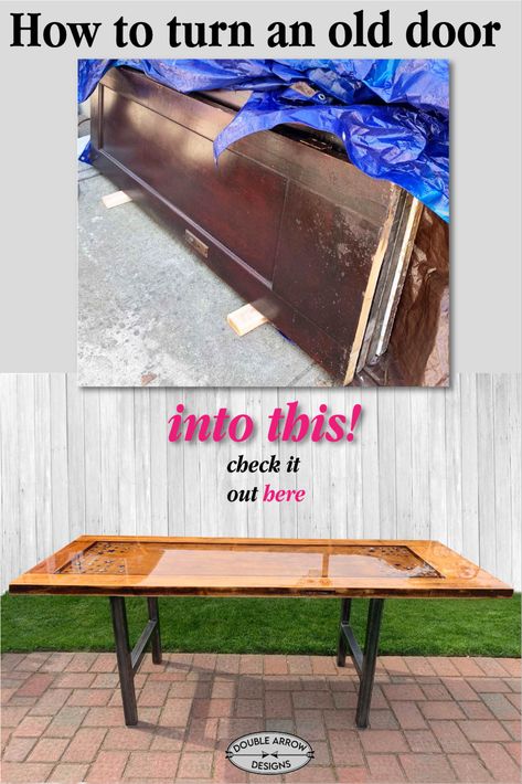 What a transformation! Taking these old reclaimed door and transformed into a one of a ind dining table. All set for my neighbors new house in Tennessee! #repurposed #diyfurniture #upcycle Door To Table Diy, Old Door Table Top, Outdoor Table Made From Old Door, Dining Table Made From Old Door, Vintage Doors Repurposed, Old Door Tables, Door Dining Table, Wood Closet Doors, Arrow Designs