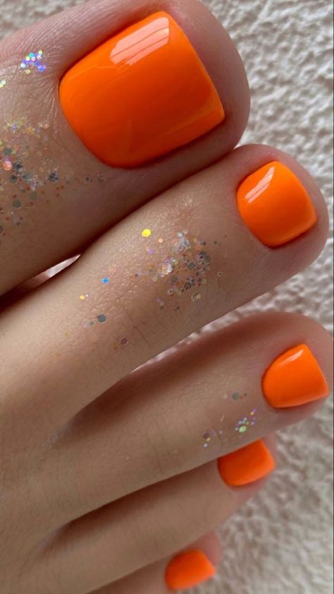 Orange Toe Nails, Glitter Toe Nails, Pedicure Gel, Gel Toe Nails, Toe Nail Color, Pretty Toe Nails, Cute Toe Nails, Summer Toe Nails, Toenail Polish