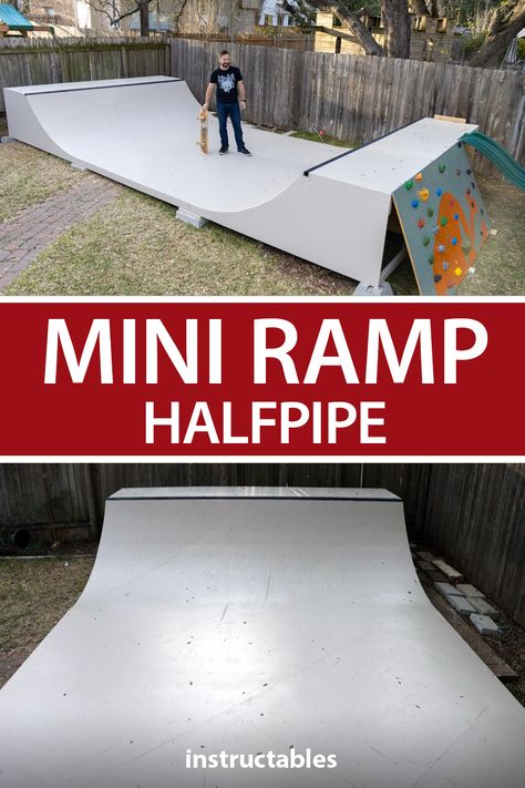 A "Mini Ramp" is a skateboard ramp (halfpipe) that is smaller than six feet tall and doesn't contain any "vert", meaning that it doesn't go vertical in the sloped transition. #Instructables #workshop #woodshop #woodworking #carpentry #outdoors #skateboarding #backyard #kids Halfpipe Backyard, Backyard Skatepark Ideas, Backyard Miniramp, Backyard Halfpipe, Mini Ramp Backyard, Diy Backyard Skatepark, Backyard Skate Park, Diy Skateboard Ramps, Skate Ramps Backyard