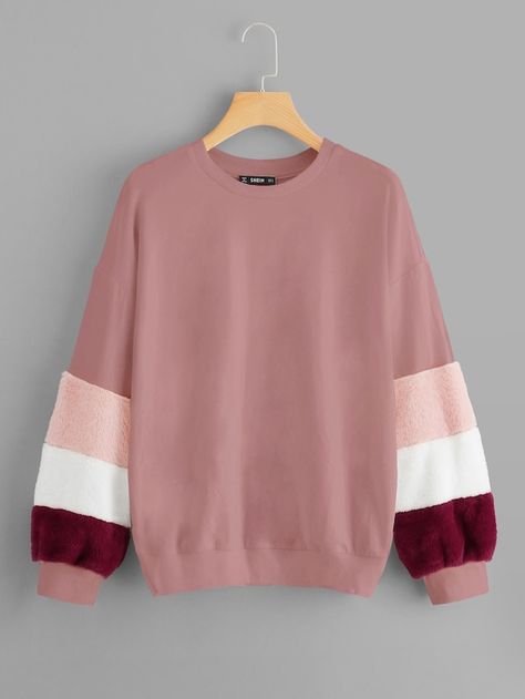 Color Block Fleece Sleeve Sweatshirt -SHEIN(SHEINSIDE) Stylish Hoodies, Sweatshirt Outfit, Fashion Attire, Cool Hoodies, Kawaii Clothes, Girls Fashion Clothes, Print Pullover, Teen Fashion Outfits, Trendy Dresses