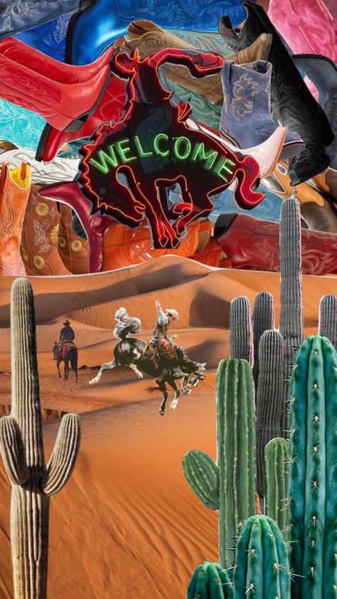 #cowboy #cactus #desert #aestheticmoodboard #style #myfirstshuffle #aesthetic #moodboard #collage Desert Cowboy Aesthetic, Disco Cowboy Aesthetic, Cowboy Party Aesthetic, Space Cowboy Aesthetic, Comp Wallpaper, Cowboy Collage, Cowboy Photoshoot, Chemo Party, Western Collage