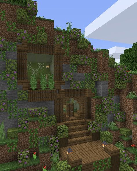 Jungle Hobbit Hole Minecraft, Overgrown Aesthetic Minecraft, Minecraft Circle Doorway, Minecraft Hobbit Hole, Simple Minecraft Builds, Minecraft Cave House, Minecraft Staircase, Minecraft App, Cottagecore Minecraft