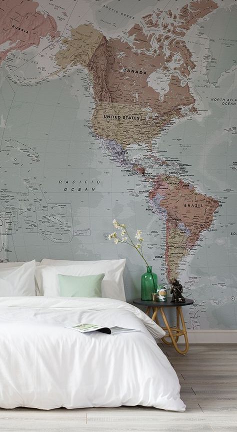 World Map Bedroom, Map Bedroom, World Map Mural, World Map Decor, World Map Wallpaper, Room Goals, Bedroom Goals, Teen Bedroom Decor, Cute Room Decor